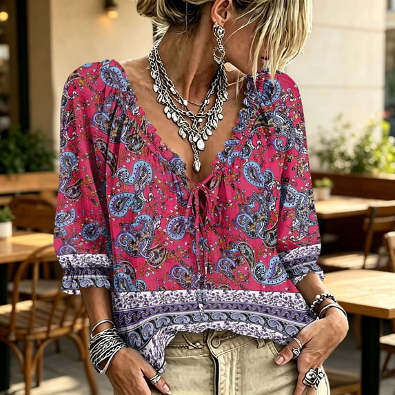 Womens 3/4 Length Sleeve Tunic Tops Women's V-Neck Abstract Geometric Print Drawstring Ruffle 3/4 Sleeve Summer Casual Flowy Tops