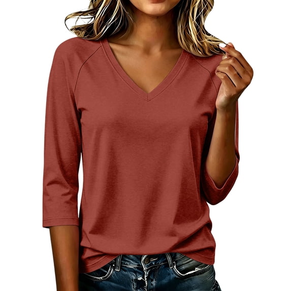 Womens 3/4 Length Sleeve V Neck Tops Trendy Casual Tunic Loose Fit Basic Shirts 2026 M