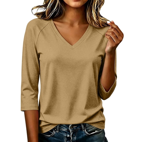 Womens 3/4 Length Sleeve V Neck Tops Trendy Casual Tunic Loose Fit Basic Shirts 2026 S