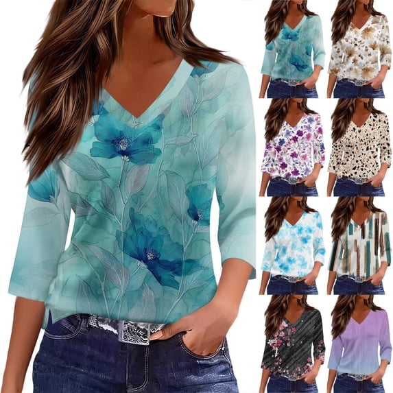 Womens 3/4 Length Sleeve V Neck Tunic Tops Casual Floral Printed Loose Fit Dressy Blouses for Work Purple Pink L