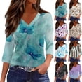 thumbnail image 1 of Womens 3/4 Length Sleeve V Neck Tunic Tops Casual Floral Printed Loose Fit Dressy Blouses for Work Royal Blue L, 1 of 5