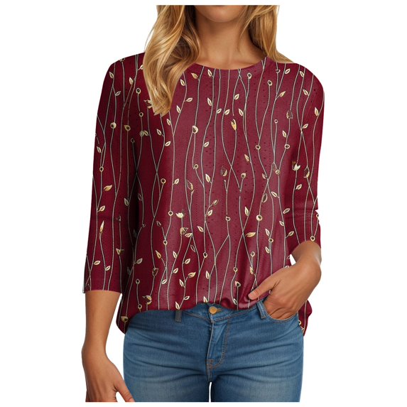 Womens 3/4 Length Sleeve Womens Tops Dressy Casual Spring Summer Round Neck Loose Fit Casual Eyelet Shirts