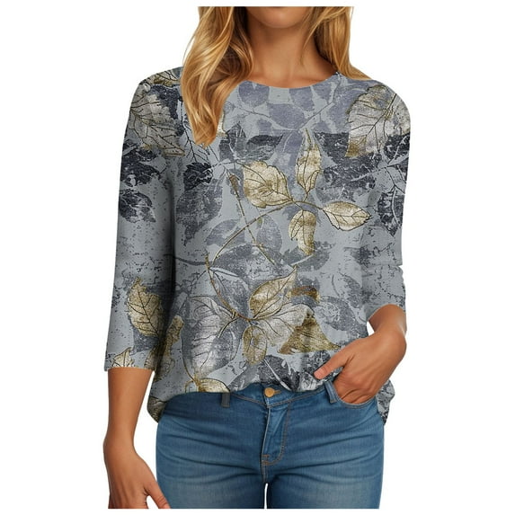 Womens 3/4 Length Sleeve Womens Tops Dressy Casual Spring Summer Round Neck Loose Fit Casual Eyelet Shirts