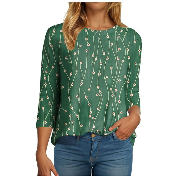 Womens 3/4 Length Sleeve Womens Tops Dressy Casual Spring Summer Round Neck Loose Fit Casual Eyelet Shirts