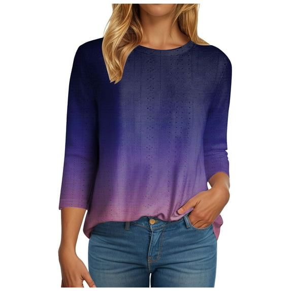Womens 3/4 Length Sleeve Womens Tops Dressy Casual Spring Summer Round Neck Loose Fit Casual Eyelet Shirts