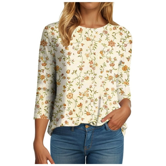 Womens 3/4 Length Sleeve Womens Tops Dressy Casual Spring Summer Round Neck Loose Fit Casual Eyelet Shirts