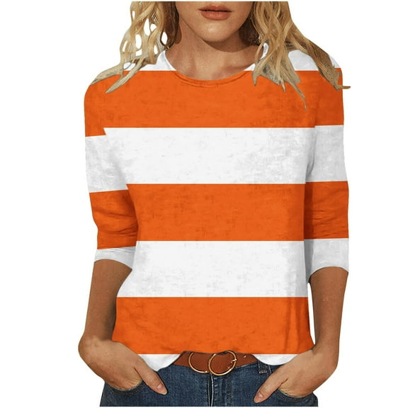 Womens 3/4 Length Sleeves Shirts Color Block Striped Crewneck Dressy Tops Loos Pullover Spring Summer Outfits for Women