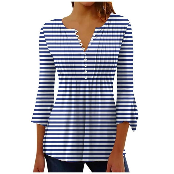 Womens 3/4 Long Sleeve Blouse Pleated Print Tunic Tops Crew Neck Button Shirt Casual Slim Tee Striped Spring Fall Clothes (Blue XL)