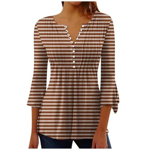 Womens 3/4 Long Sleeve Blouse Pleated Print Tunic Tops Crew Neck Button Shirt Casual Slim Tee Striped Spring Fall Clothes (Brown 2XL)