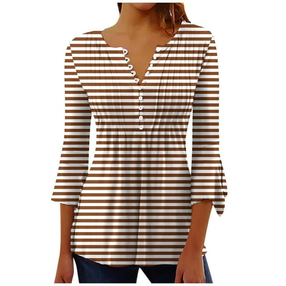 Womens 3/4 Long Sleeve Blouse Pleated Print Tunic Tops Crew Neck Button Shirt Casual Slim Tee Striped Spring Fall Clothes (Coffee XL)