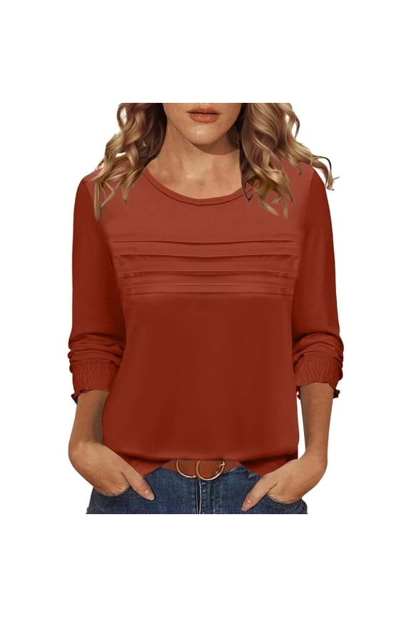 Womens 3/4 & Long Sleeve Pleated Tunic Tops Crewneck Smocked Dressy Casual Work Daily Spring Fall Blouses for Leggings,Brown,L