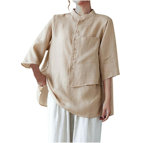 Womens 3/4 Long Sleeve Top with Pockets Cotton Linen Button Down Shirt Crew Neck Casual Loose Summer Blouse (Khaki 2XL)