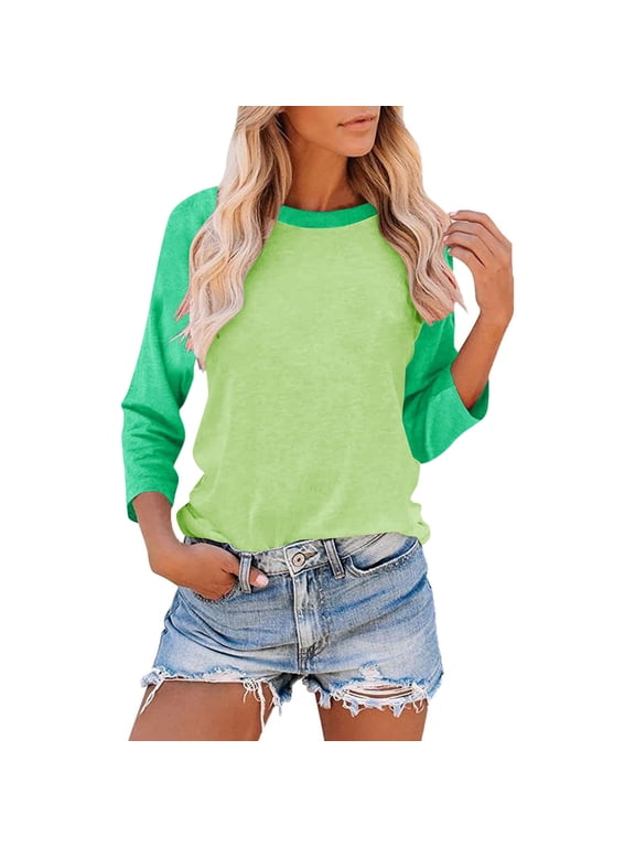 Womens 3/4 Raglan Sleeve Shirts V Neck Baseball Tee Color Block Tops Tunic Blouses Slacks Henley T Shirts