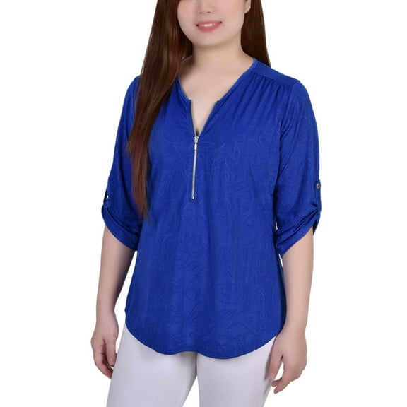 Womens 3/4 Roll Tab Zip Front Jacquard Knit Top Royal Sakadotduo XL