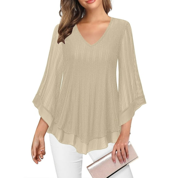 Womens 3/4 Ruffle Sleeve Sparkly Tops, V Neck Dressy Blouses Loose Casual Fall Tunic Elegant Shirts for Wedding Guest Beige XXL