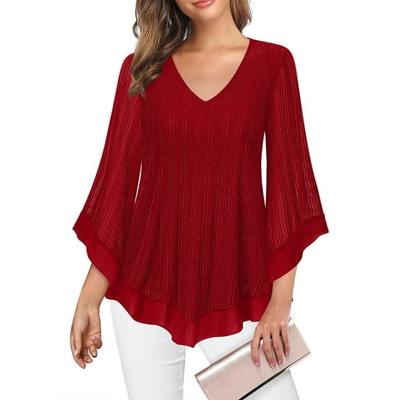 Womens 3/4 Ruffle Sleeve Sparkly Tops, V Neck Dressy Blouses Loose Casual Fall Tunic Elegant Shirts for Wedding Guest M