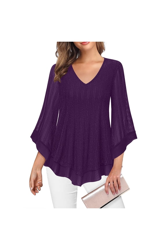Womens 3/4 Ruffle Sleeve Sparkly Tops, V Neck Dressy Blouses Loose Casual Fall Tunic Elegant Shirts for Wedding Guest Purple XXL