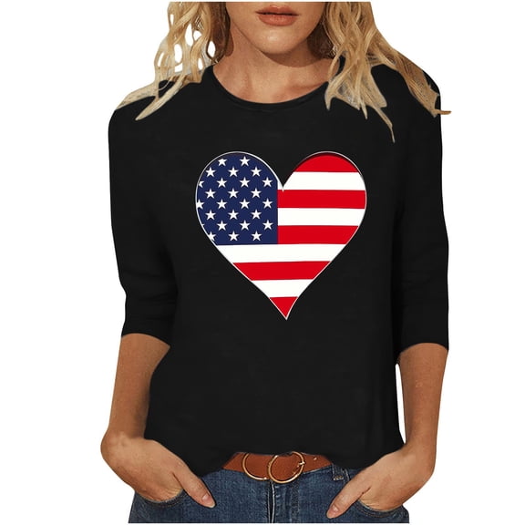 Womens 3/4 Sleeve American Flag T Shirt Patriotic Shirts 4th of July Tops Casual Crew Neck Lounge Wear Black, S