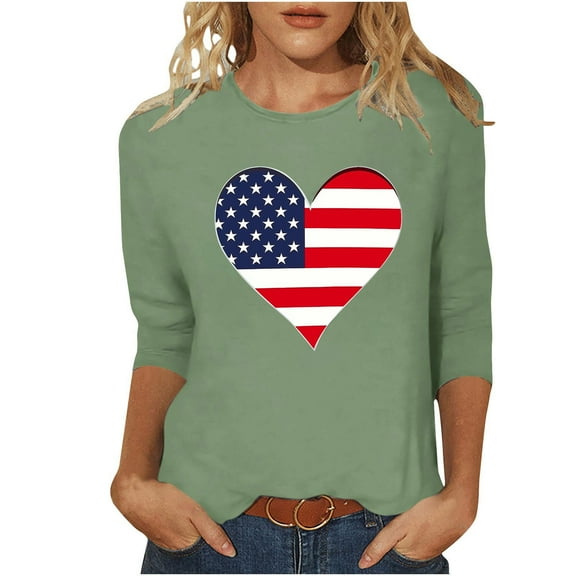 Womens 3/4 Sleeve American Flag T Shirt Patriotic Shirts 4th of July Tops Casual Crew Neck Lounge Wear Green, XL