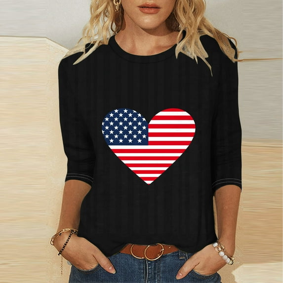 Womens 3/4 Sleeve American Flag T-Shirts Crew Neck 4Th Of July Summer Graphic Tee Tops Black 2XL