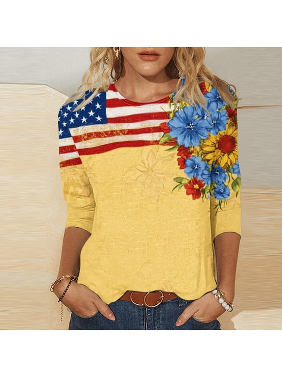 Womens 3/4 Sleeve American Flag T-Shirts Crew Neck 4th of July Summer Graphic Tee Tops