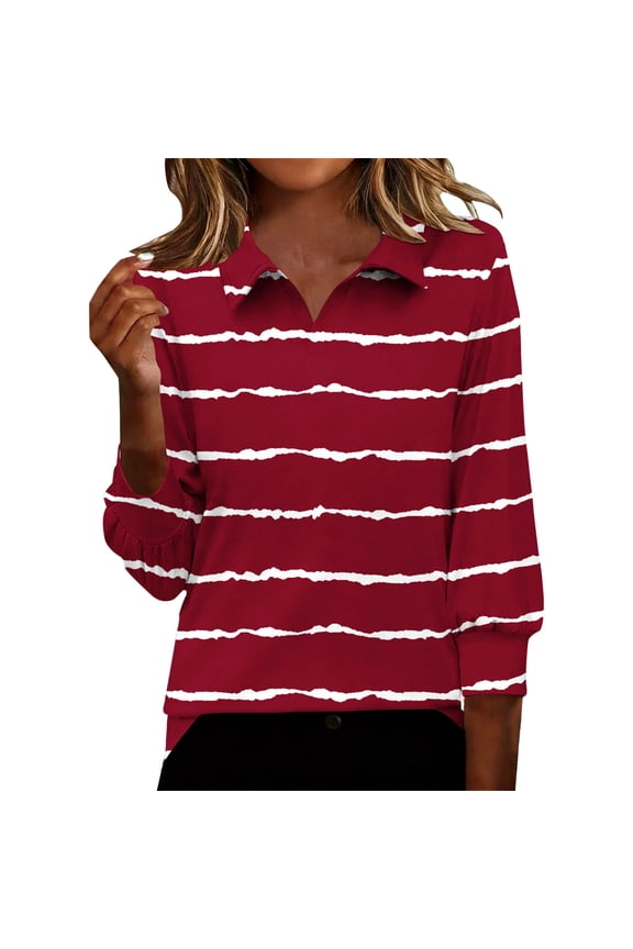 Womens 3/4 Sleeve Blouse Lapel Collared Striped Printing Shirts Fashion Casual Loose T-Shirt for Work Holiday Spring Summer