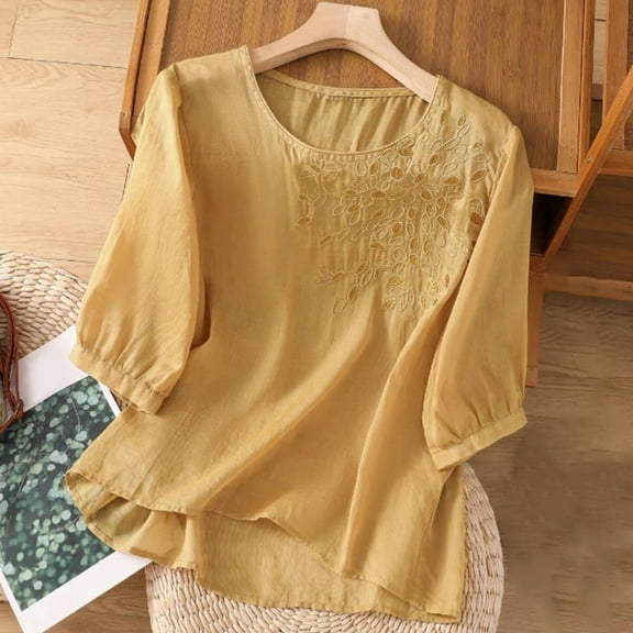 Womens 3/4 Sleeve Blouses Solid Color Embroidered Crew Neck Tops 2025 Casual Fall Summer Tee Shirt