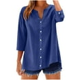 thumbnail image 1 of Womens 3/4 Sleeve Button Down Shirts Cotton Linen Roll Up Short Sleeve Tops V Neck Casual Loose Fit Blouses, 1 of 5