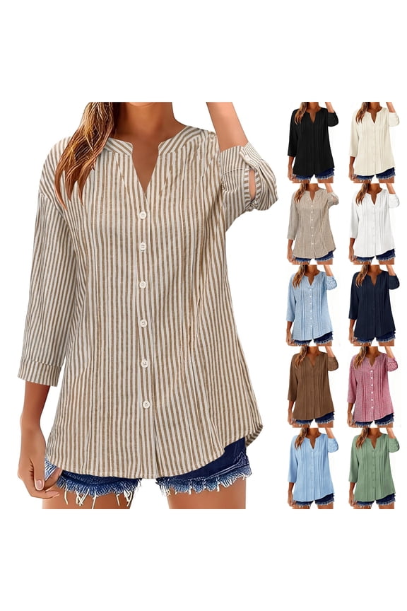 Womens 3/4 Sleeve Button Down Shirts Summer Tops V Neck Casual Loose Fit Blouses Coffee S
