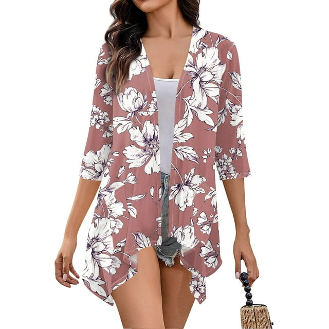 Womens 3/4 Sleeve Cardigan Draped Soft Knit Sweater Floral Print Open