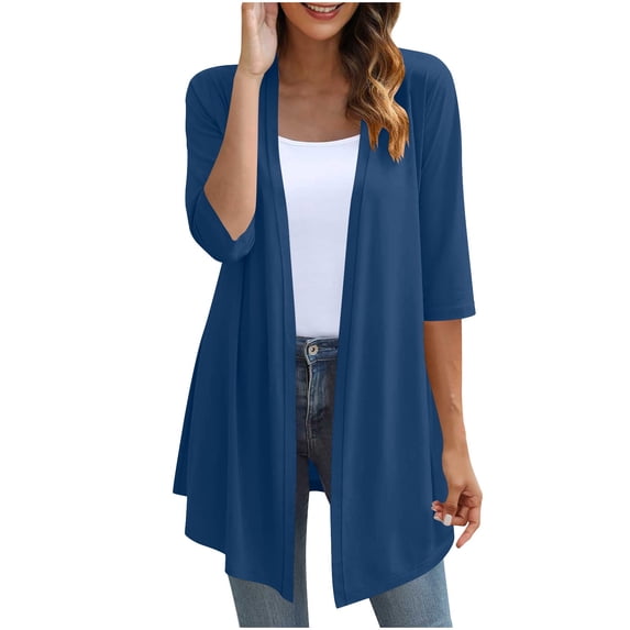Womens 3/4 Sleeve Cardigans Lightweight Soft Open Front Draped Wraps Jackets Spring Fall Outerwear Cover Ups (2XL, Dark Blue)