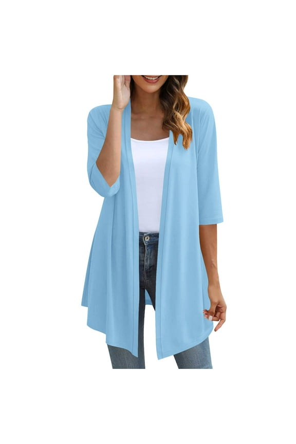 Womens 3/4 Sleeve Cardigans Lightweight Soft Open Front Draped Wraps Jackets Spring Fall Outerwear Cover Ups (L, Blue)