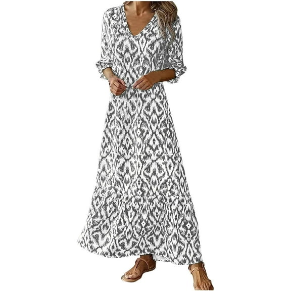 Womens 3/4 Sleeve Casual Boho A-Line Dress Frill Trim V Neck Maxi Dress Plus Size Fashion High Waist Beach Dresses