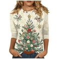thumbnail image 1 of Womens 3/4 Sleeve Christmas Shirt Christmas Tree 3/4 Length Sleeve Round Neck Tshirts Tops Basic T-Shirts Beige L, 1 of 5