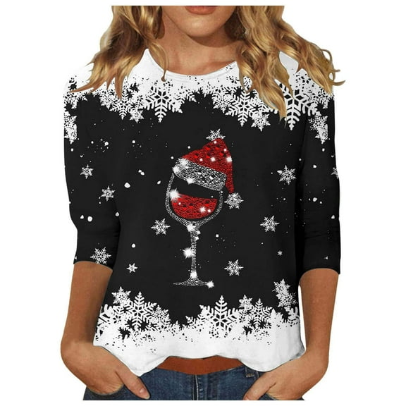 Womens 3/4 Sleeve Christmas Shirt Women's Christmas Red Glass Printed Round Neck Three Quarter Sleeve Casual T Shirt Top Basic T-Shirts Black XL