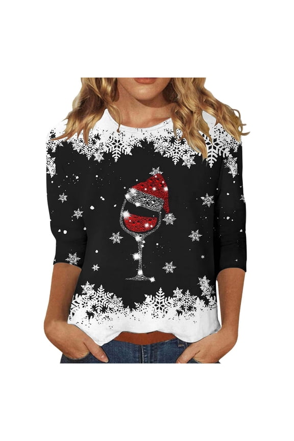 Womens 3/4 Sleeve Christmas Shirt Women's Christmas Red Glass Printed Round Neck Three Quarter Sleeve Casual T Shirt Top Basic T-Shirts Black XL