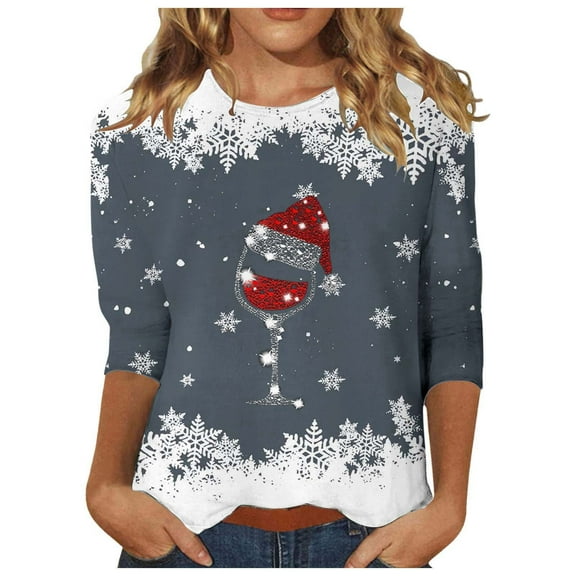 Womens 3/4 Sleeve Christmas Shirt Women's Christmas Red Glass Printed Round Neck Three Quarter Sleeve Casual T Shirt Top Basic T-Shirts Grey M