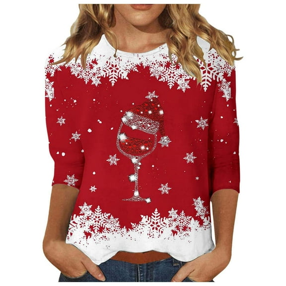 Womens 3/4 Sleeve Christmas Shirt Women's Christmas Red Glass Printed Round Neck Three Quarter Sleeve Casual T Shirt Top Basic T-Shirts Red S