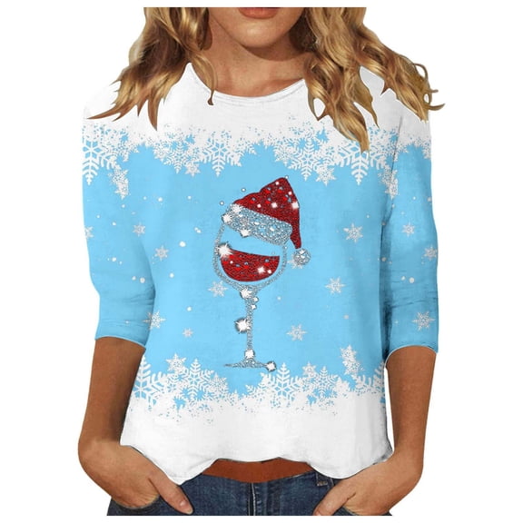 Womens 3/4 Sleeve Christmas Shirt Women's Christmas Red Glass Printed Round Neck Three Quarter Sleeve Casual T Shirt Top Basic T-Shirts Sky Blue XXL