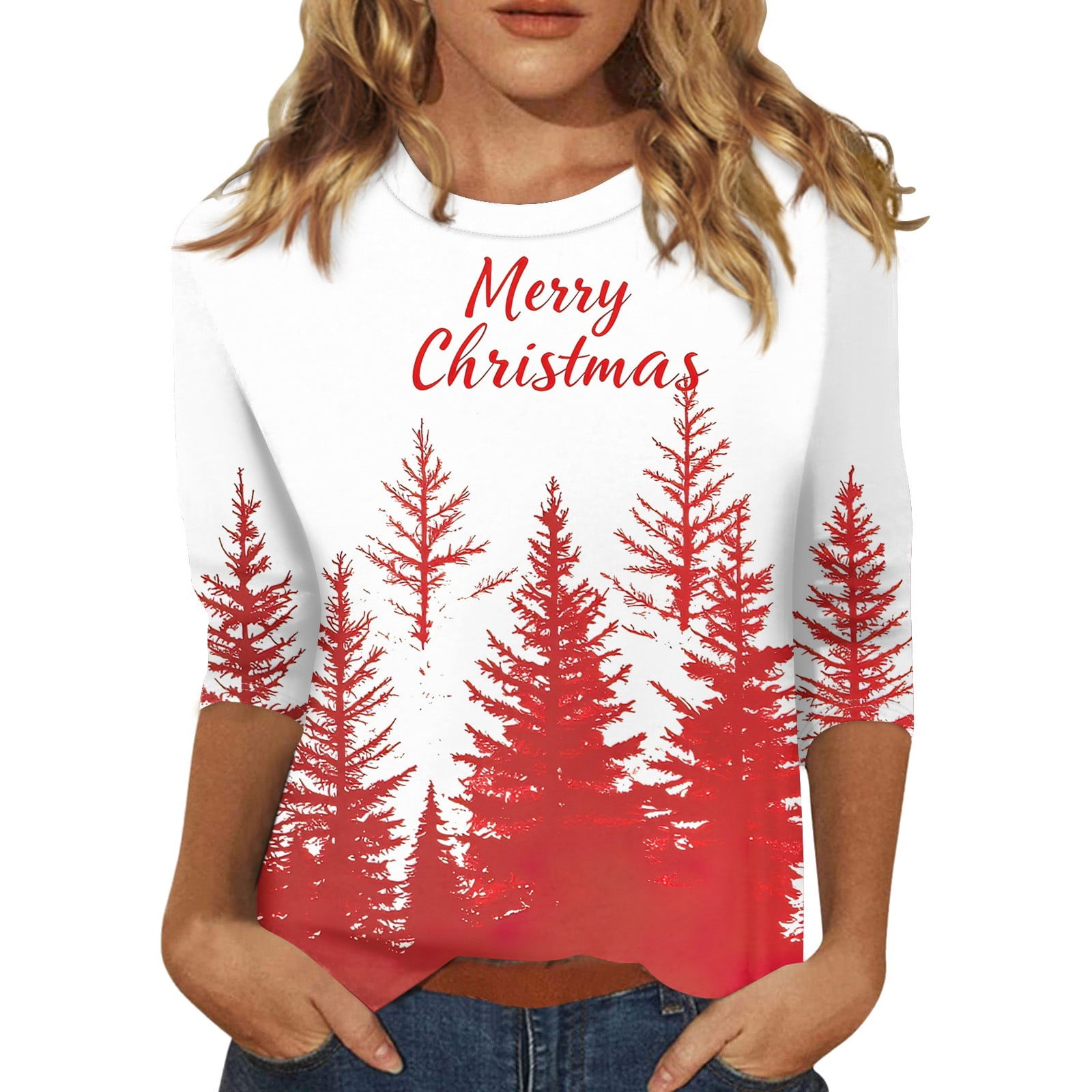 Womens 3/4 Sleeve Christmas TShirts Xmas Tree Graphic Tshirts Merry
