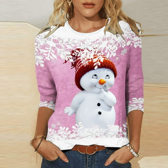 Womens 3/4 Sleeve Christmas Tops,Merry Christmas Tops for Women Snowman Graphic Blouse 2023 Fashion Casual Crewneck 3/4 Sleeve Loose Comfy Tunic T-Shirt