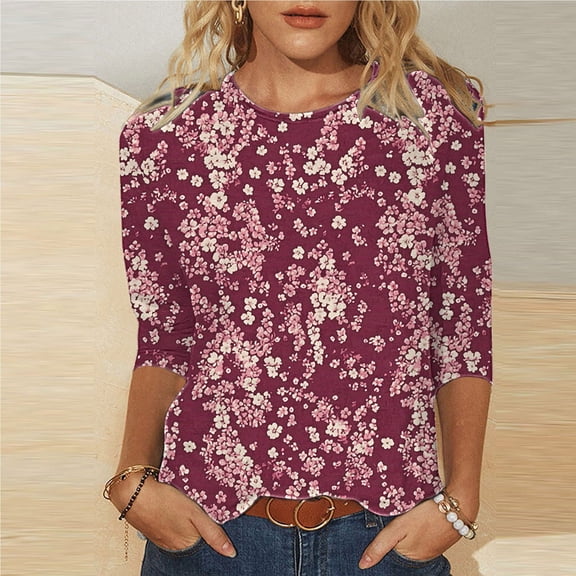 Womens 3/4 Sleeve Cotton T Shirts Womens Tops Casual Knit Tops Summer Blouses for Women Boho Floral Tops for Women