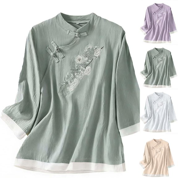 Womens 3/4 Sleeve Cotton Tunic Tops Loose Fit Blouse Floral Embroidered Boho Shirts Vintage Mandarin Collar Dressy Casual Summer Vacation Clothes Layered