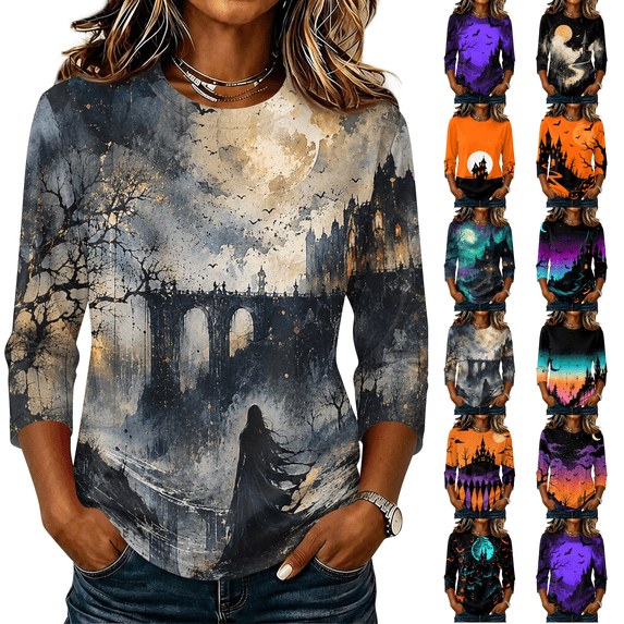 Womens 3/4 Sleeve Crew Neck Halloween T Shirts Shirts Thanksgiving Autumn Graphic Tee Tops Gray 2XL
