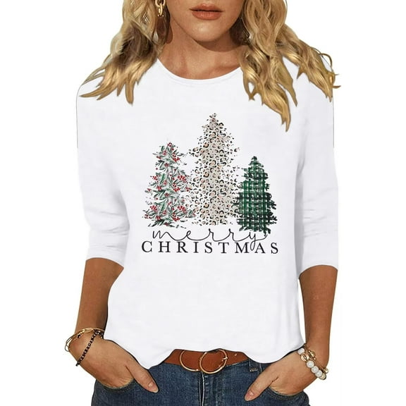 Womens 3/4 Sleeve Crew Neck T-Shirts Merry Bright Christmas Tree Graphic Tee Tops