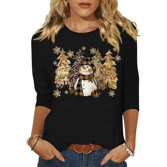 Womens 3/4 Sleeve Crew Neck T-Shirts Merry Bright Christmas Tree Graphic Tee Tops
