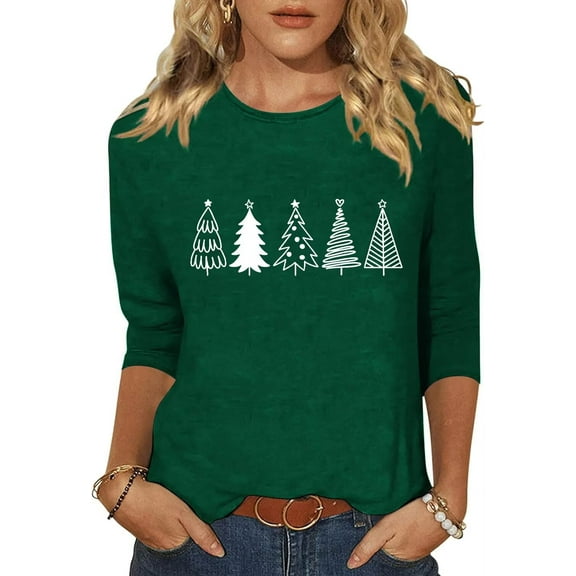 Womens 3/4 Sleeve Crew Neck T-Shirts Merry Bright Christmas Tree Graphic Tee Tops