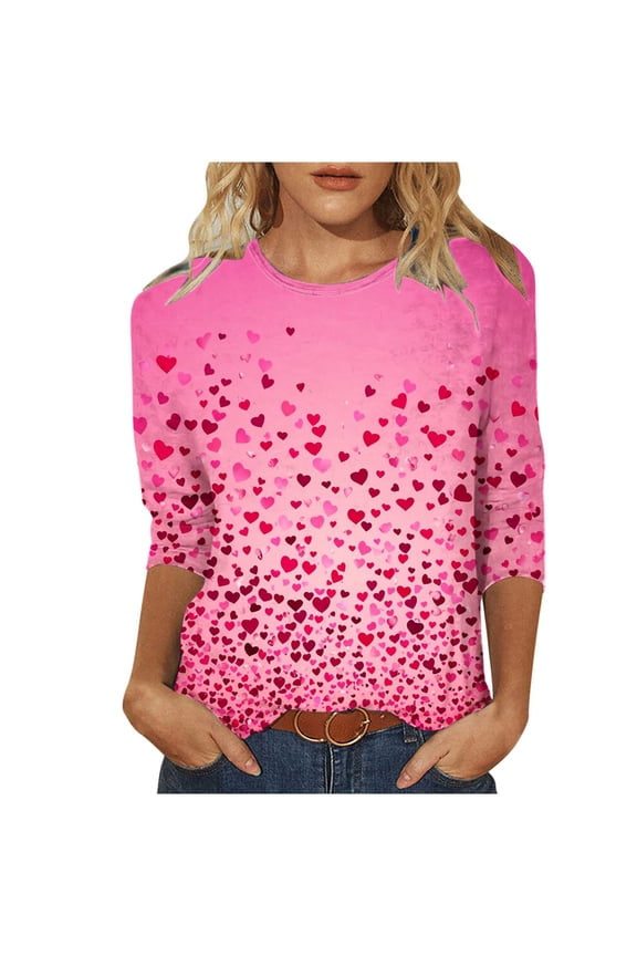 Womens 3/4 Sleeve Crew Neck T-Shirts Valentina's Day Spring Shirts Love Heart Graphic Tee Tops