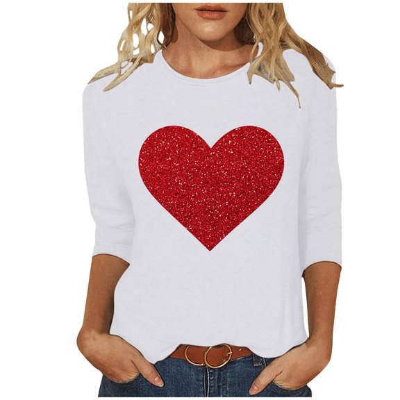 Womens 3/4 Sleeve Crew Neck Valentine T Shirts Love Heart Printed Graphic Tee Tops