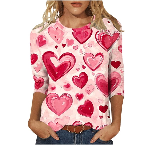 Womens 3/4 Sleeve Crew Neck Valentine T Shirts Love Heart Printed Graphic Tee Tops
